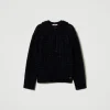 blouson_en_maille_jacquar_1.webp Blousons Et Doudounes*TWINSET Milano Blouson En Maille Jacquard à Carreaux Jacquard Carreau Bleu Classique/Lurex Noir