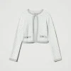 blouson_en_maille_jacquar_1-2.webp Blousons Et Manteaux*TWINSET Milano Blouson En Maille Jacquard Avec Oval T Bicolore Blanc Cassé/Argent Métallisé