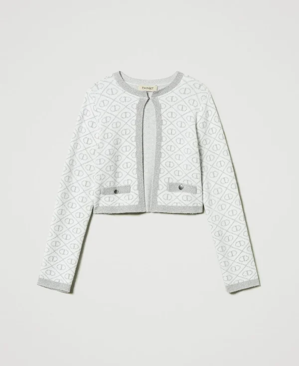 blouson_en_maille_jacquar_1-2.webp Blousons Et Manteaux*TWINSET Milano Blouson En Maille Jacquard Avec Oval T Bicolore Blanc Cassé/Argent Métallisé