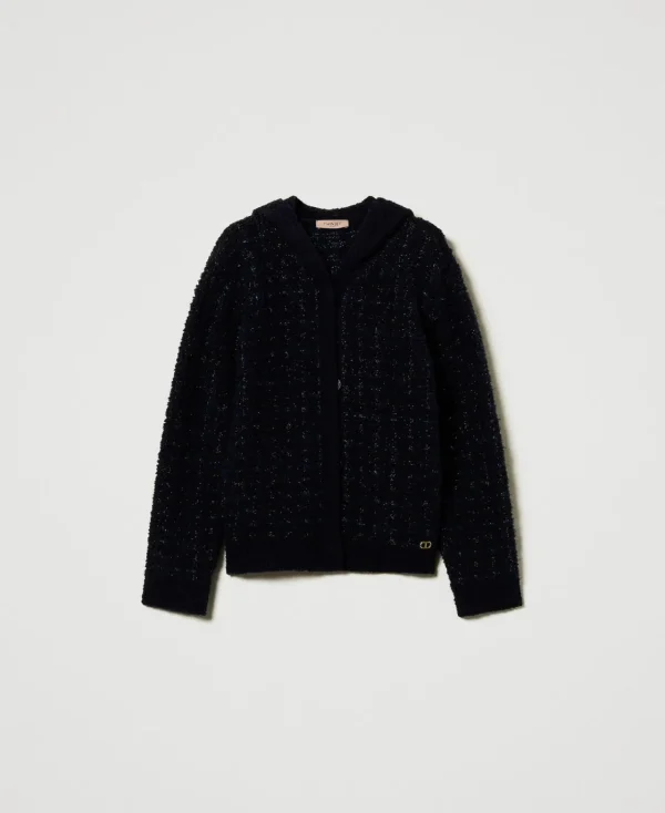 blouson_en_maille_jacquar_1.webp Blousons Et Doudounes*TWINSET Milano Blouson En Maille Jacquard à Carreaux Jacquard Carreau Bleu Classique/Lurex Noir