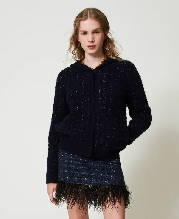blouson_en_maille_jacquar_2.webp Blousons Et Doudounes*TWINSET Milano Blouson En Maille Jacquard à Carreaux Jacquard Carreau Bleu Classique/Lurex Noir