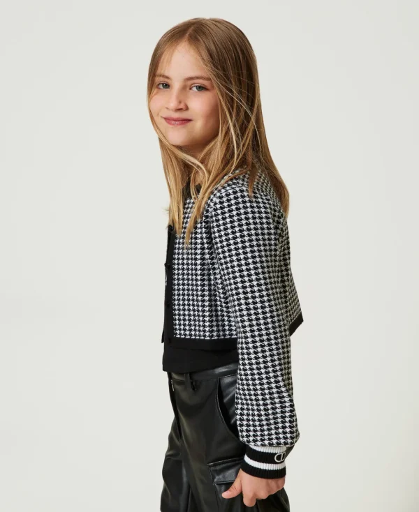 Blousons Et Manteaux*TWINSET Milano Blouson En Maille Jacquard Pied-de-poule Bicolore Blanc Cassé / Noir