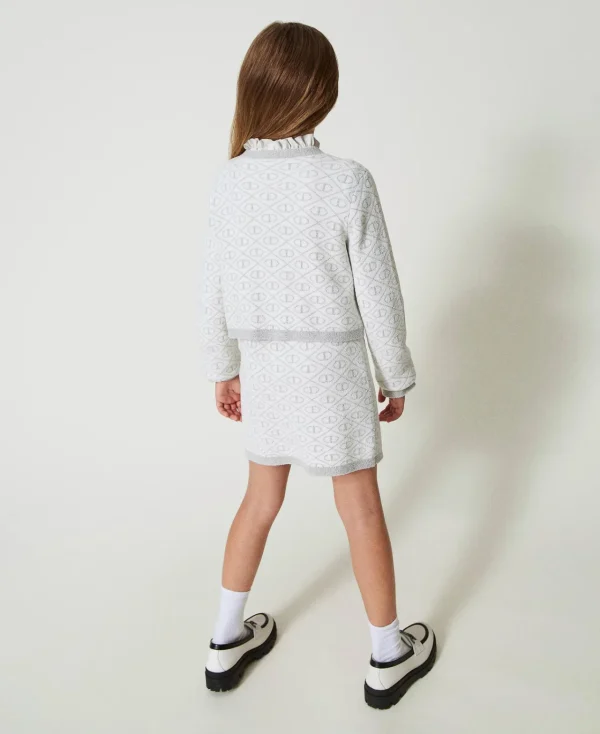 blouson_en_maille_jacquar_3-2.webp Blousons Et Manteaux*TWINSET Milano Blouson En Maille Jacquard Avec Oval T Bicolore Blanc Cassé/Argent Métallisé