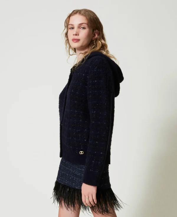blouson_en_maille_jacquar_3.webp Blousons Et Doudounes*TWINSET Milano Blouson En Maille Jacquard à Carreaux Jacquard Carreau Bleu Classique/Lurex Noir