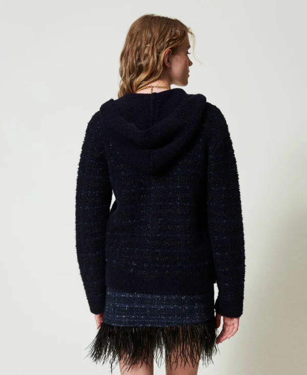 blouson_en_maille_jacquar_4.webp Blousons Et Doudounes*TWINSET Milano Blouson En Maille Jacquard à Carreaux Jacquard Carreau Bleu Classique/Lurex Noir