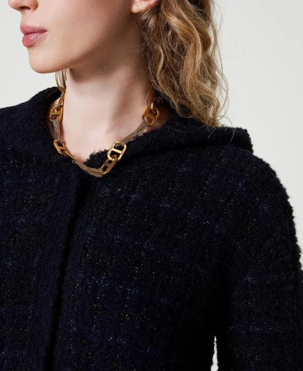 blouson_en_maille_jacquar_5.webp Blousons Et Doudounes*TWINSET Milano Blouson En Maille Jacquard à Carreaux Jacquard Carreau Bleu Classique/Lurex Noir