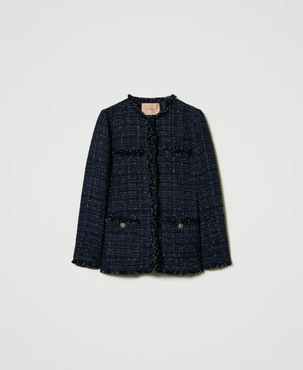 Blousons Et Doudounes | Blazers*TWINSET Milano Blouson En Tissu Bouclé Avec Boutons Siglés Bouclé Bleu Denim/Noir