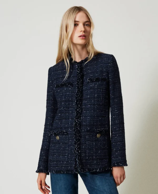 Blousons Et Doudounes | Blazers*TWINSET Milano Blouson En Tissu Bouclé Avec Boutons Siglés Bouclé Bleu Denim/Noir