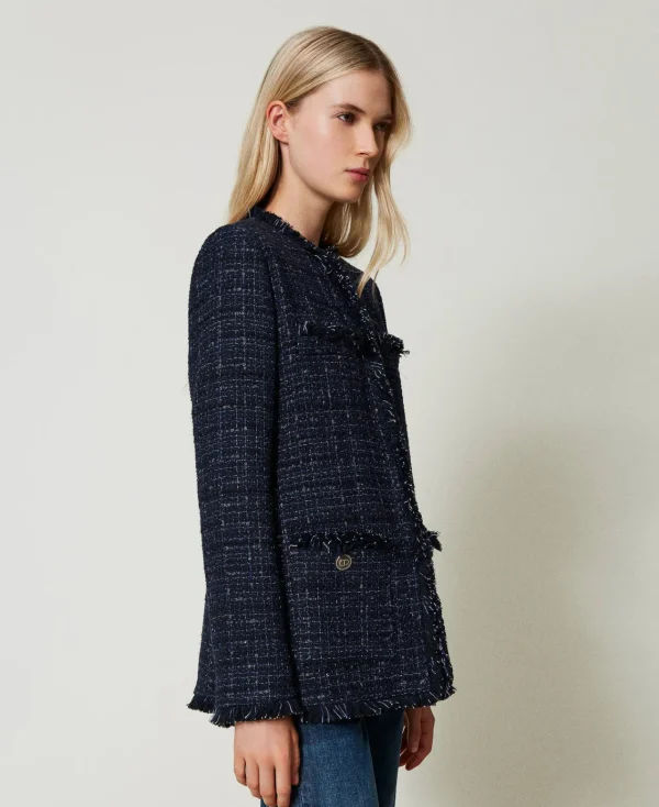 Blousons Et Doudounes | Blazers*TWINSET Milano Blouson En Tissu Bouclé Avec Boutons Siglés Bouclé Bleu Denim/Noir