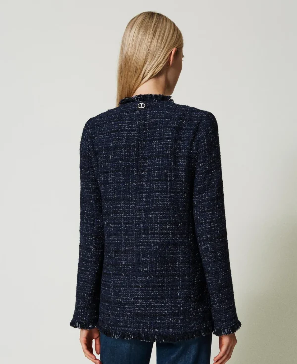 Blousons Et Doudounes | Blazers*TWINSET Milano Blouson En Tissu Bouclé Avec Boutons Siglés Bouclé Bleu Denim/Noir