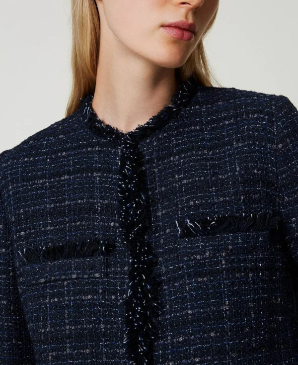 Blousons Et Doudounes | Blazers*TWINSET Milano Blouson En Tissu Bouclé Avec Boutons Siglés Bouclé Bleu Denim/Noir