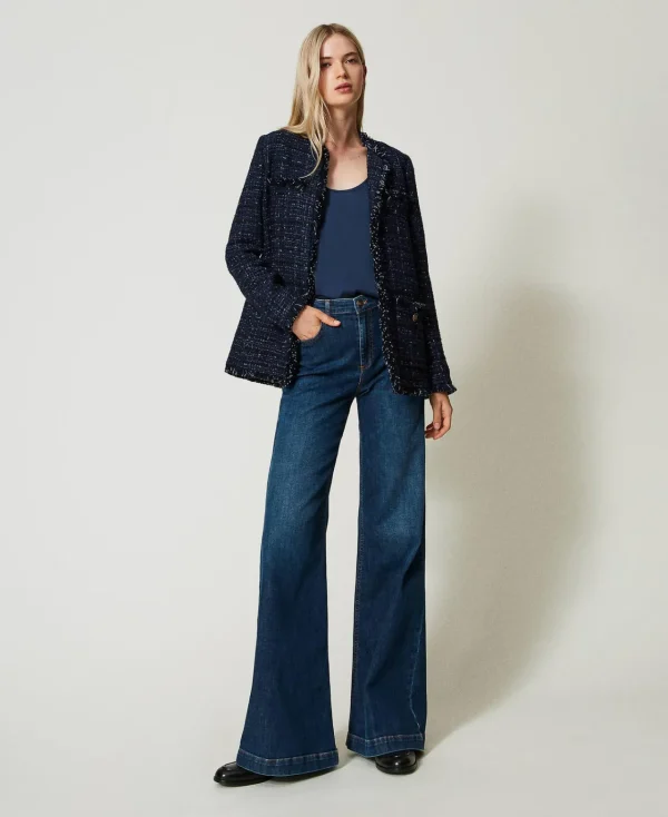 Blousons Et Doudounes | Blazers*TWINSET Milano Blouson En Tissu Bouclé Avec Boutons Siglés Bouclé Bleu Denim/Noir