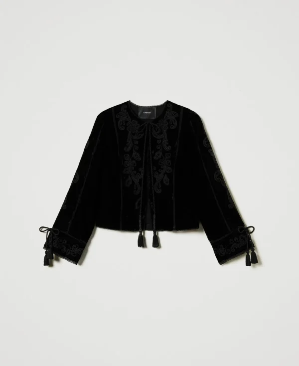 blouson_en_velours_avec_b_1.webp Blousons Et Doudounes | Blazers*TWINSET Milano Blouson En Velours Avec Broderie Noir