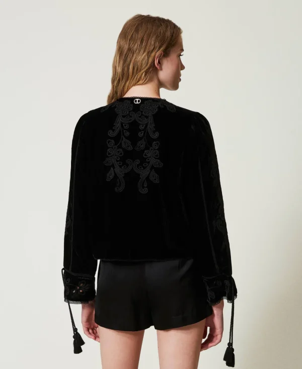 blouson_en_velours_avec_b_4.webp Blousons Et Doudounes | Blazers*TWINSET Milano Blouson En Velours Avec Broderie Noir
