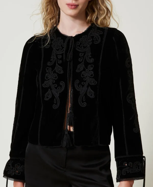 blouson_en_velours_avec_b_5.webp Blousons Et Doudounes | Blazers*TWINSET Milano Blouson En Velours Avec Broderie Noir