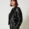 blouson_perfecto_effet_cu_0-1.webp Blousons Et Doudounes*TWINSET Milano Blouson Perfecto Effet Cuir Avec Fermeture éclair Noir