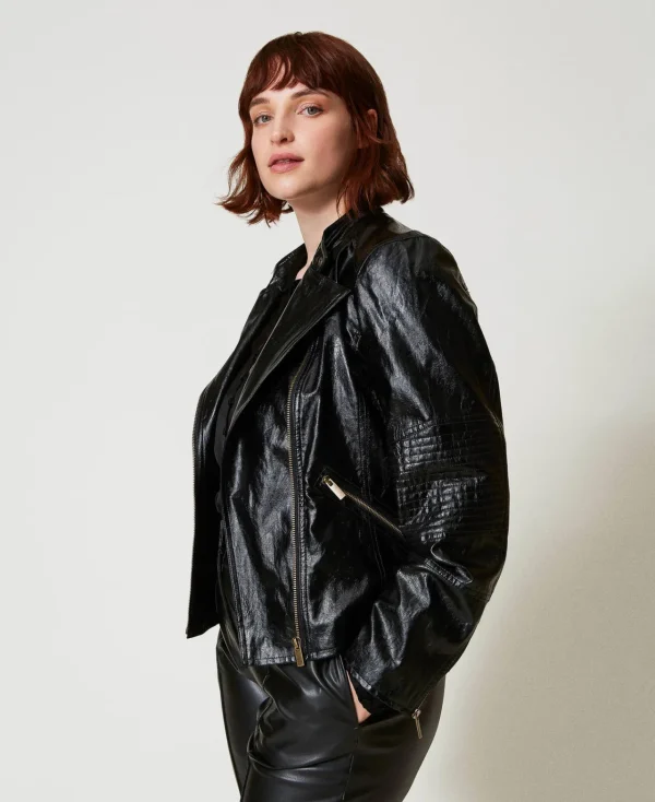 blouson_perfecto_effet_cu_0-1.webp Blousons Et Doudounes*TWINSET Milano Blouson Perfecto Effet Cuir Avec Fermeture éclair Noir