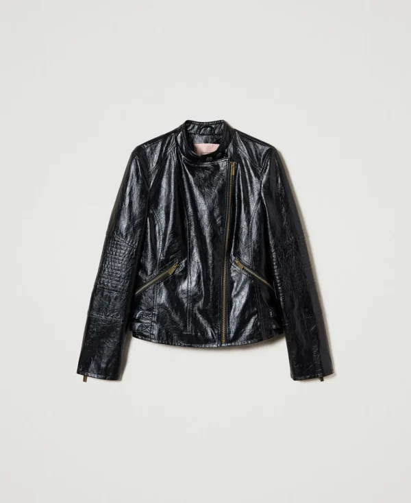 blouson_perfecto_effet_cu_1-1.webp Blousons Et Doudounes*TWINSET Milano Blouson Perfecto Effet Cuir Avec Fermeture éclair Noir