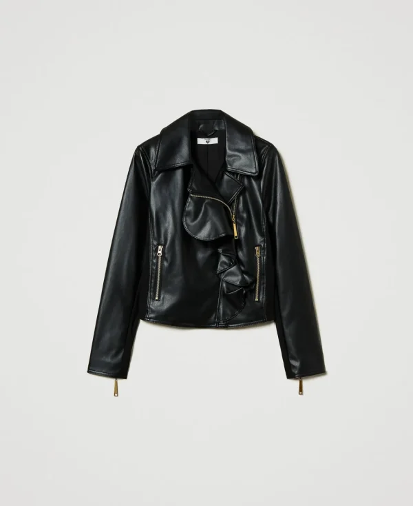 blouson_perfecto_effet_cu_1.webp Blousons Et Doudounes*TWINSET Milano Blouson Perfecto Effet Cuir Avec Volant Noir