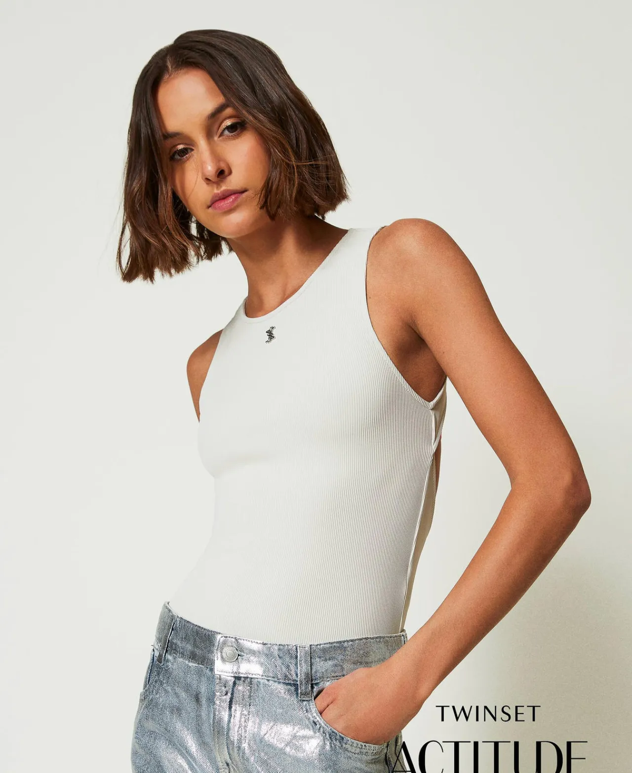 body_myfo_ctel_avec_logo_0.webp T-Shirts Et Tops*TWINSET Milano Body MYFO Côtelé Avec Logo Blanc Neige