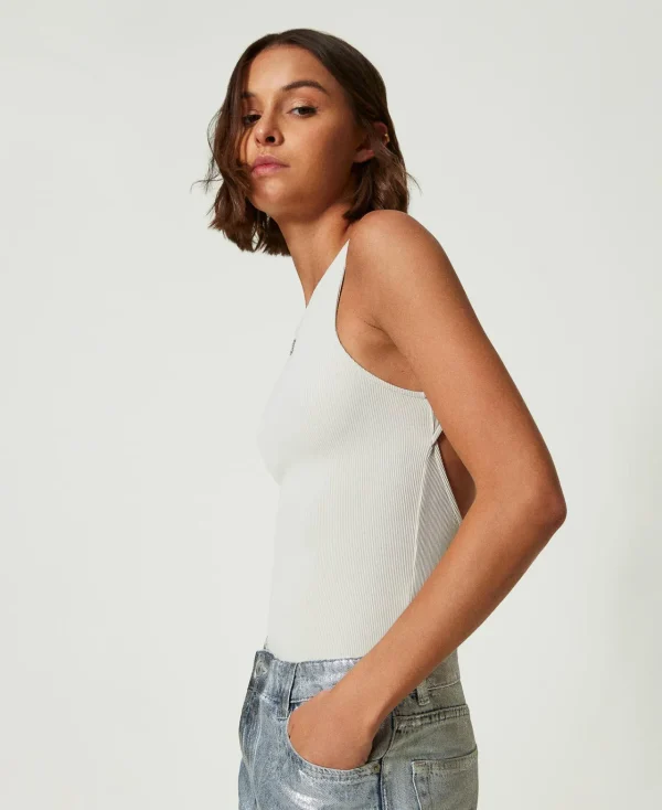 T-Shirts Et Tops*TWINSET Milano Body MYFO Côtelé Avec Logo Blanc Neige