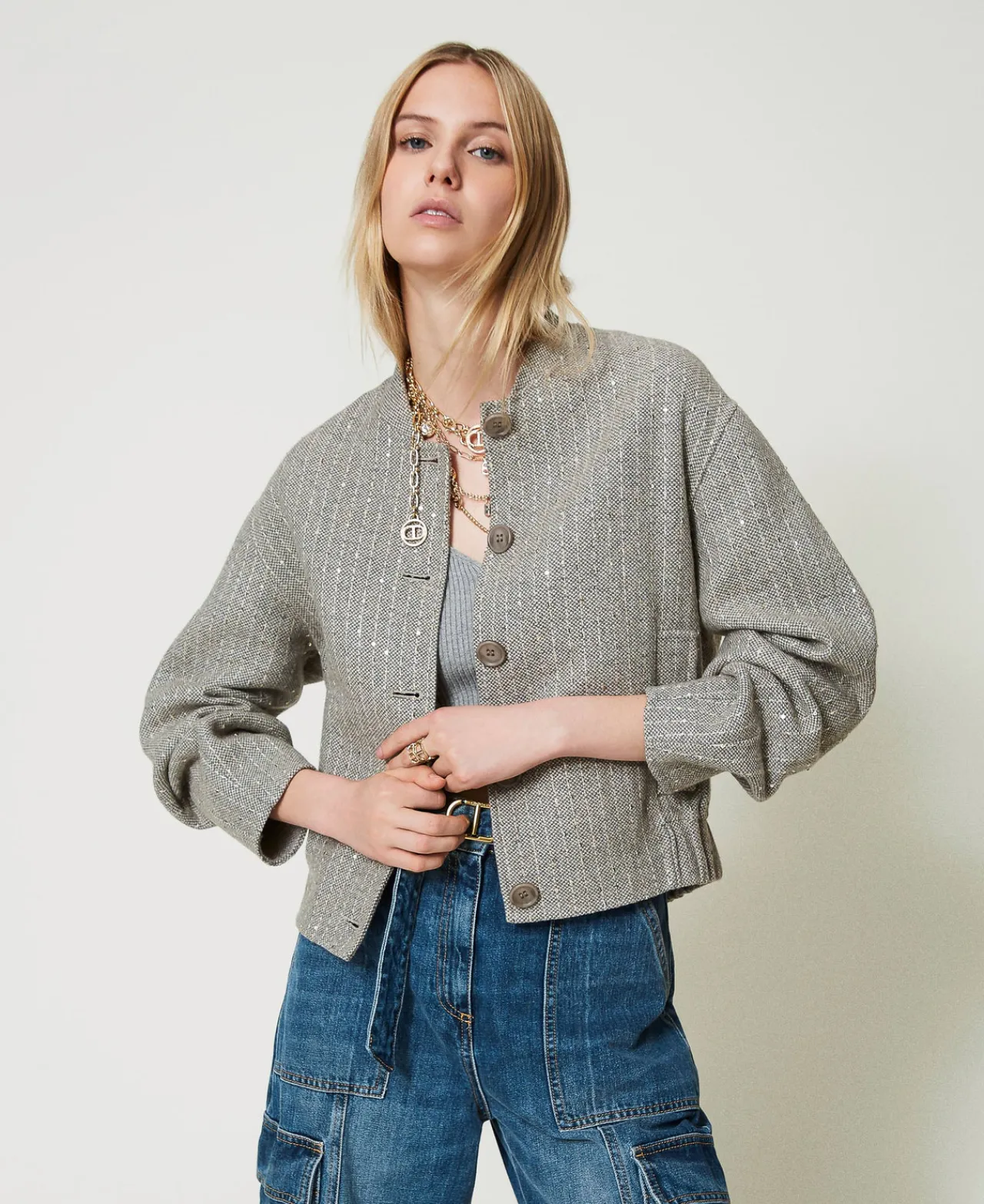 Blousons Et Doudounes*TWINSET Milano Bomber En Drap Double Avec Sequins Double Rayure Gris Chiné
