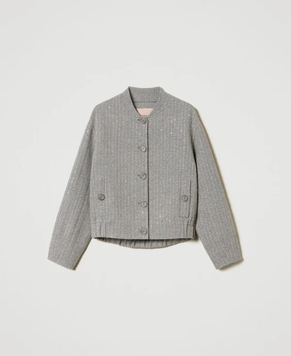 bomber_en_drap_double_ave_1.webp Blousons Et Doudounes*TWINSET Milano Bomber En Drap Double Avec Sequins Double Rayure Gris Chiné