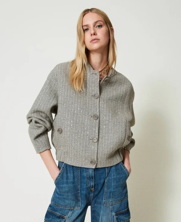 bomber_en_drap_double_ave_2.webp Blousons Et Doudounes*TWINSET Milano Bomber En Drap Double Avec Sequins Double Rayure Gris Chiné