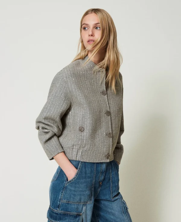bomber_en_drap_double_ave_3.webp Blousons Et Doudounes*TWINSET Milano Bomber En Drap Double Avec Sequins Double Rayure Gris Chiné