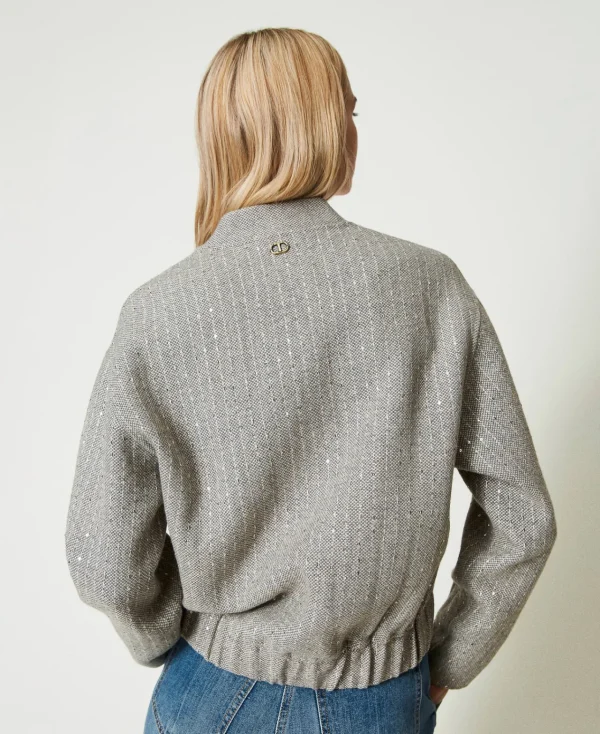 bomber_en_drap_double_ave_4.webp Blousons Et Doudounes*TWINSET Milano Bomber En Drap Double Avec Sequins Double Rayure Gris Chiné