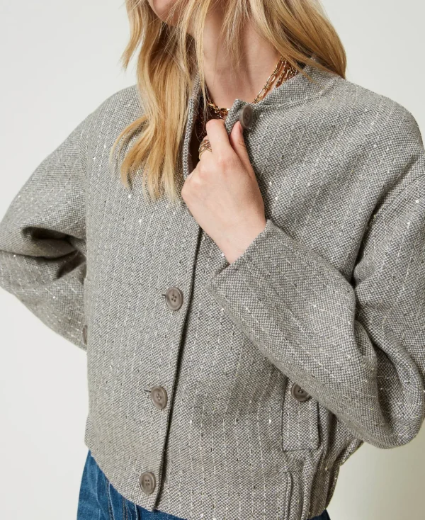 bomber_en_drap_double_ave_5.webp Blousons Et Doudounes*TWINSET Milano Bomber En Drap Double Avec Sequins Double Rayure Gris Chiné