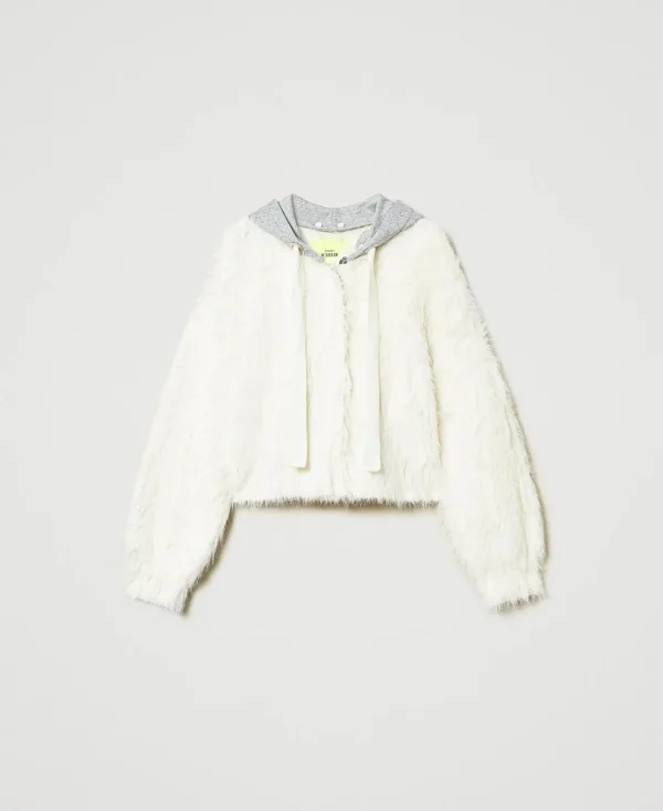 bomber_myfo_en_maille_ave_1.webp Blousons Et Doudounes*TWINSET Milano Bomber MYFO En Maille Avec Capuche Blanc Neige