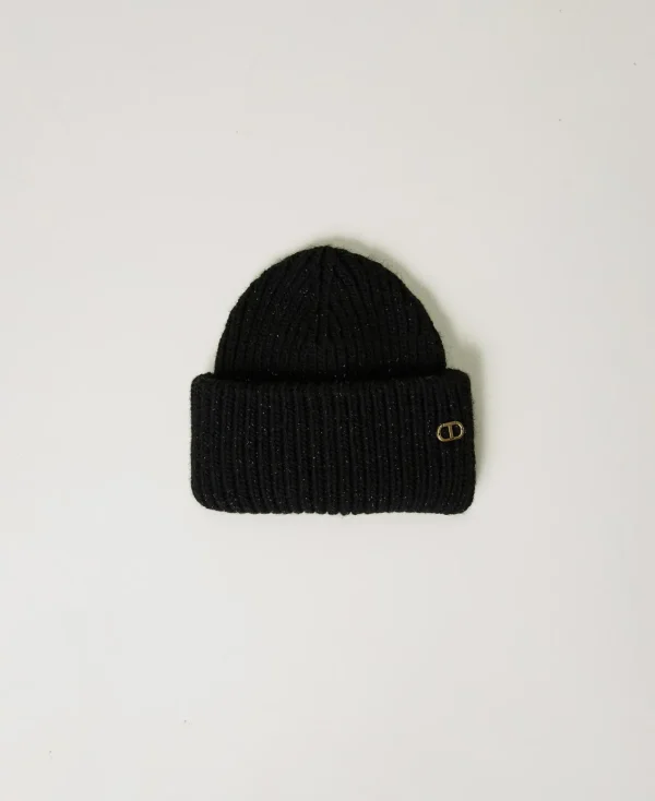 bonnet_en_maille_ctele_av_0.webp Chapeaux*TWINSET Milano Bonnet En Maille Côtelée Avec Oval T Noir