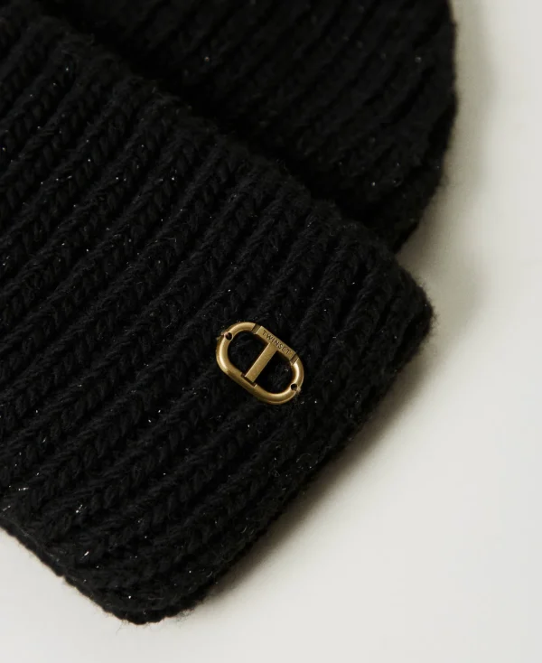 bonnet_en_maille_ctele_av_2.webp Chapeaux*TWINSET Milano Bonnet En Maille Côtelée Avec Oval T Noir