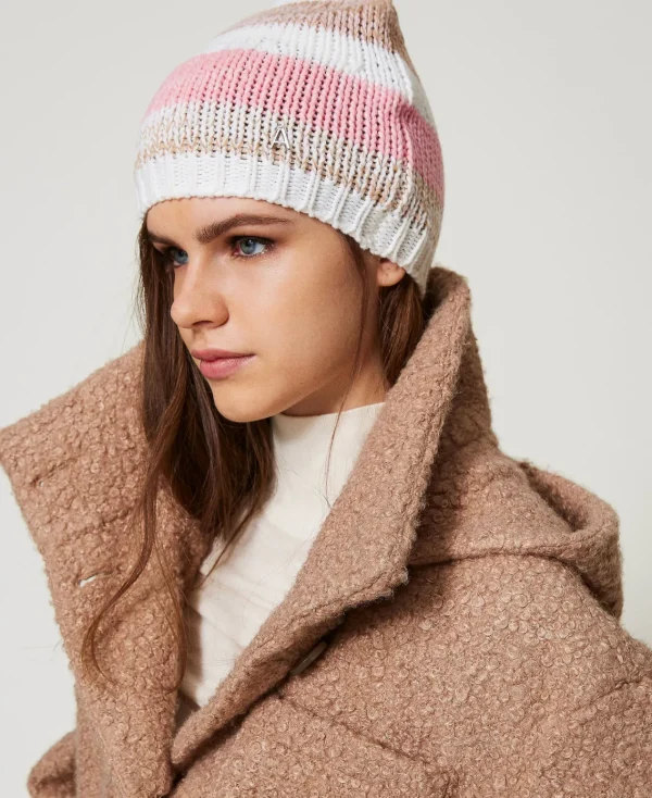 Chapeaux*TWINSET Milano Bonnet En Maille Jacquard Multicolore Rose « Crystal Pink »/Marron « Cinnamon »/Blanc