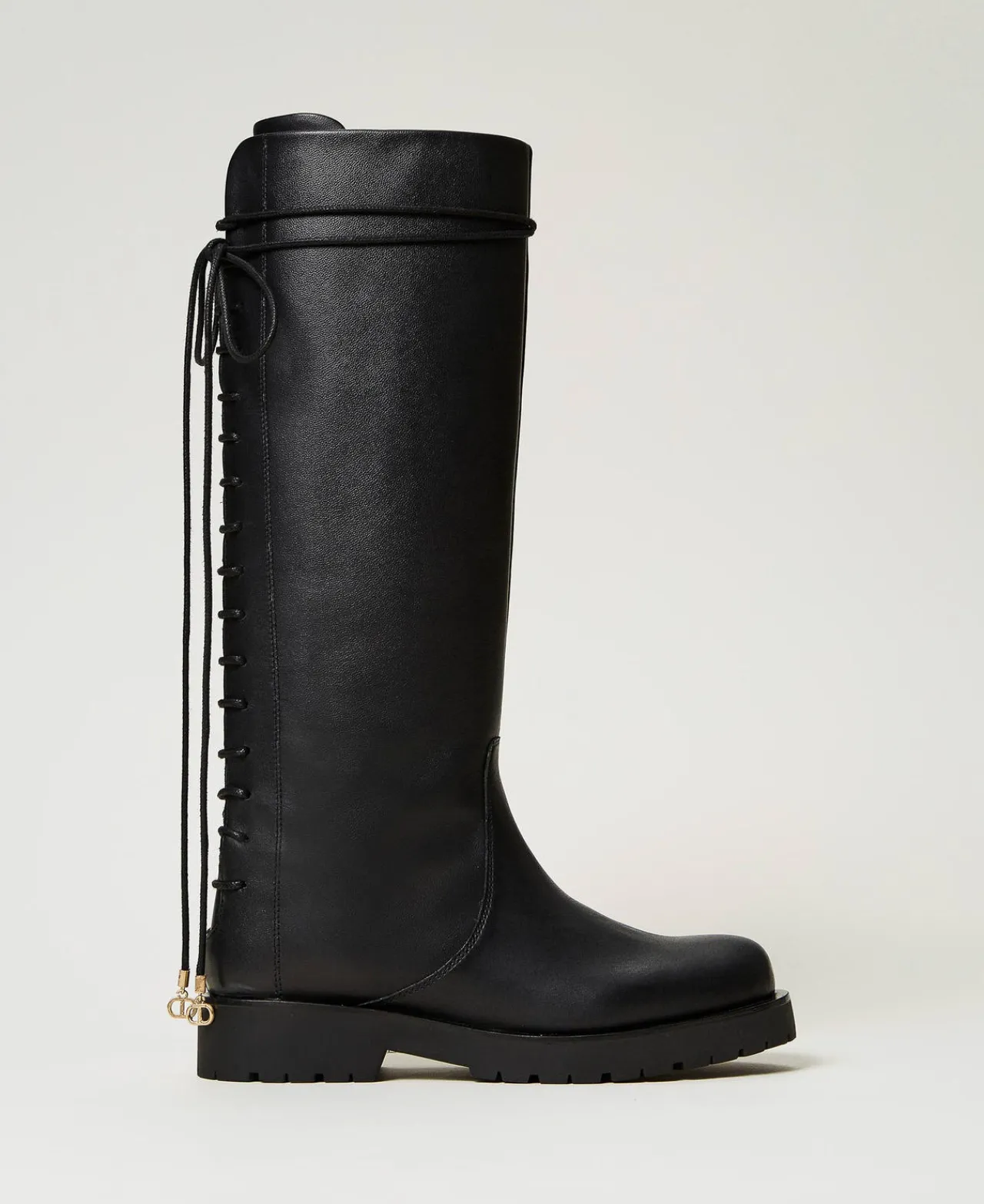 bottes__lacets_en_cuir_0.webp Chaussures Plates | Bottes Et Bottines*TWINSET Milano Bottes à Lacets En Cuir Noir