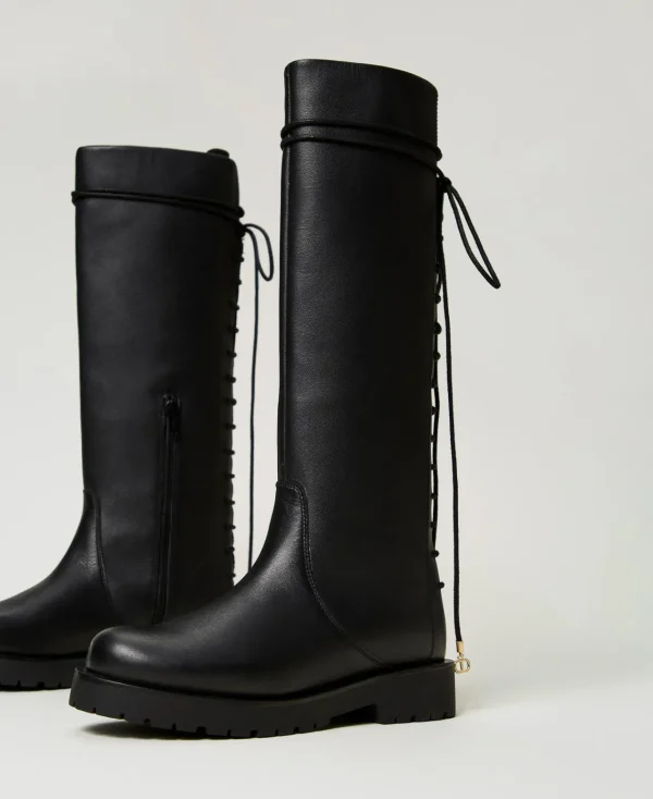 bottes__lacets_en_cuir_2.webp Chaussures Plates | Bottes Et Bottines*TWINSET Milano Bottes à Lacets En Cuir Noir