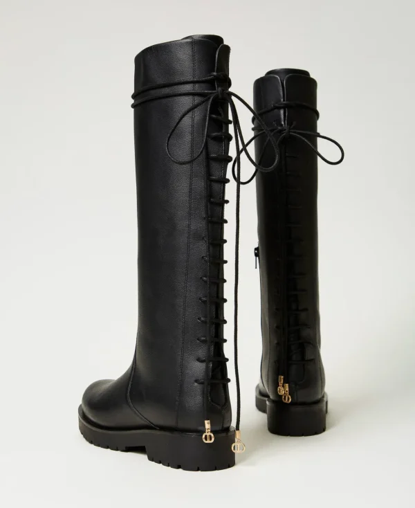 bottes__lacets_en_cuir_3.webp Chaussures Plates | Bottes Et Bottines*TWINSET Milano Bottes à Lacets En Cuir Noir