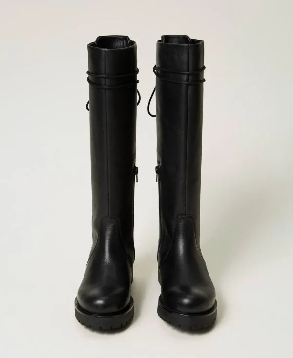 bottes__lacets_en_cuir_4.webp Chaussures Plates | Bottes Et Bottines*TWINSET Milano Bottes à Lacets En Cuir Noir