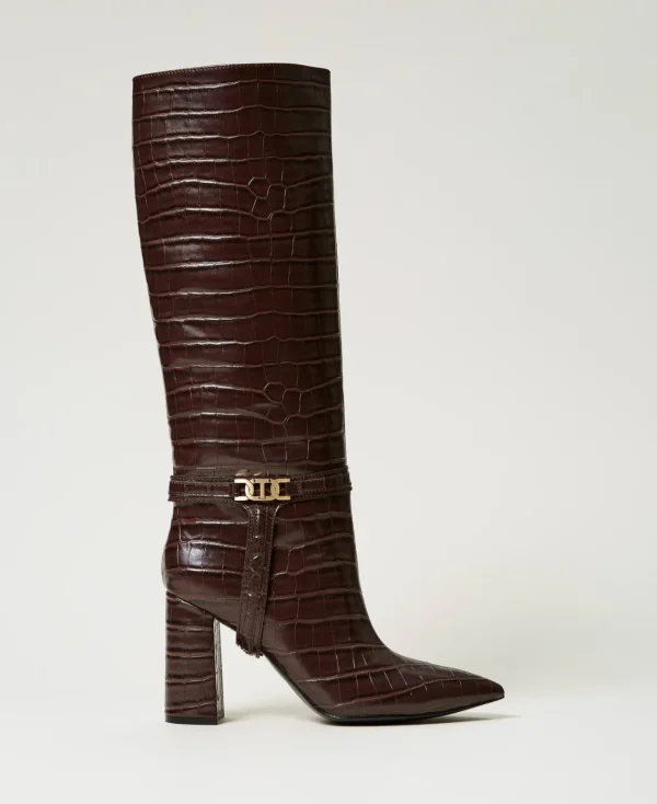 bottes__talons_avec_impri_0.webp Chaussures À Talons | Bottes Et Bottines*TWINSET Milano Bottes à Talons Avec Imprimé Croco Coffee Chocolate