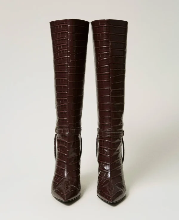 bottes__talons_avec_impri_4.webp Chaussures À Talons | Bottes Et Bottines*TWINSET Milano Bottes à Talons Avec Imprimé Croco Coffee Chocolate