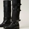 bottes_en_cuir_avec_bride_2.webp Chaussures Plates | Bottes Et Bottines*TWINSET Milano Bottes En Cuir Avec Brides Noir