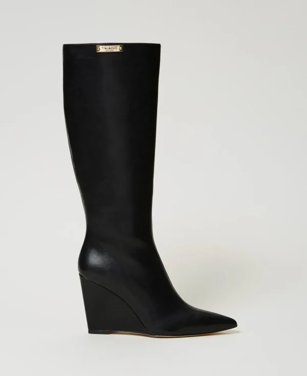 Chaussures À Talons | Bottes Et Bottines*TWINSET Milano Bottes Montantes Avec Semelle Compensée Et étiquette Siglée Noir