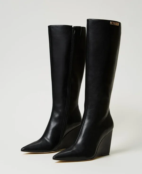 Chaussures À Talons | Bottes Et Bottines*TWINSET Milano Bottes Montantes Avec Semelle Compensée Et étiquette Siglée Noir