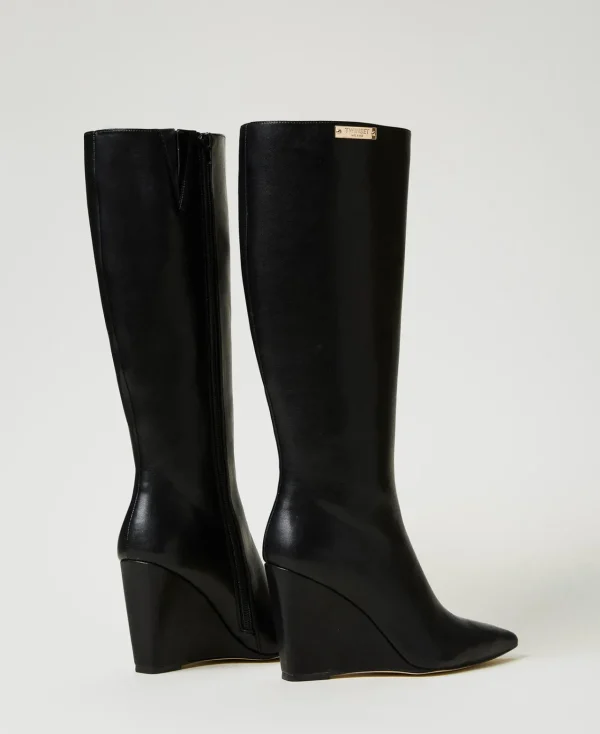 Chaussures À Talons | Bottes Et Bottines*TWINSET Milano Bottes Montantes Avec Semelle Compensée Et étiquette Siglée Noir