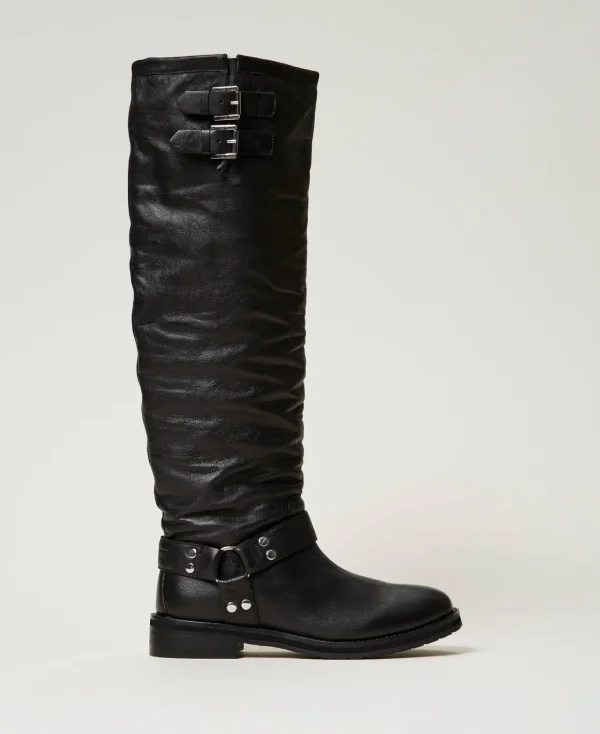 Chaussures Plates | Bottes Et Bottines*TWINSET Milano Bottes Montantes «Darcy» En Cuir Avec Brides Noir