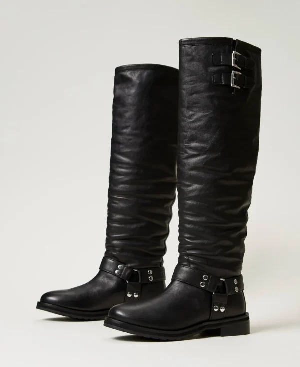 Chaussures Plates | Bottes Et Bottines*TWINSET Milano Bottes Montantes «Darcy» En Cuir Avec Brides Noir