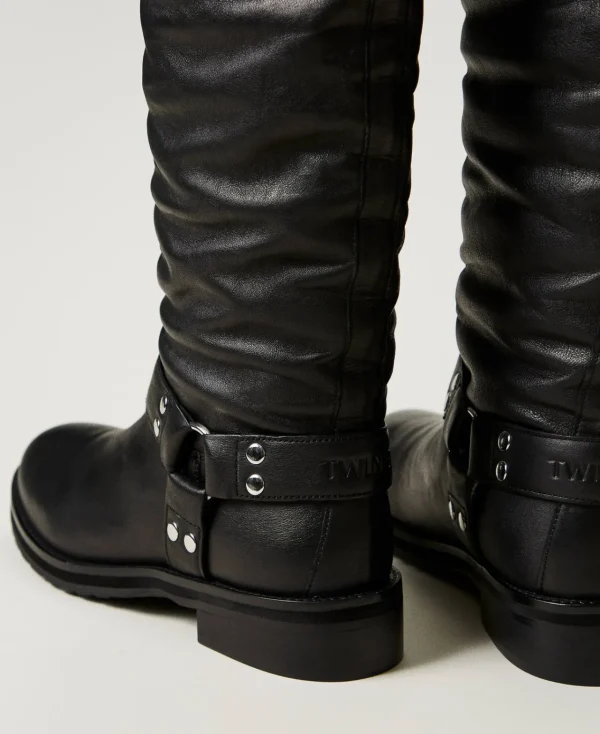 Chaussures Plates | Bottes Et Bottines*TWINSET Milano Bottes Montantes «Darcy» En Cuir Avec Brides Noir