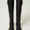 Chaussures Plates | Bottes Et Bottines*TWINSET Milano Bottes Montantes «Darcy» En Cuir Avec Brides Noir