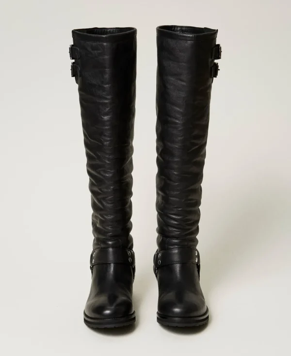 Chaussures Plates | Bottes Et Bottines*TWINSET Milano Bottes Montantes «Darcy» En Cuir Avec Brides Noir
